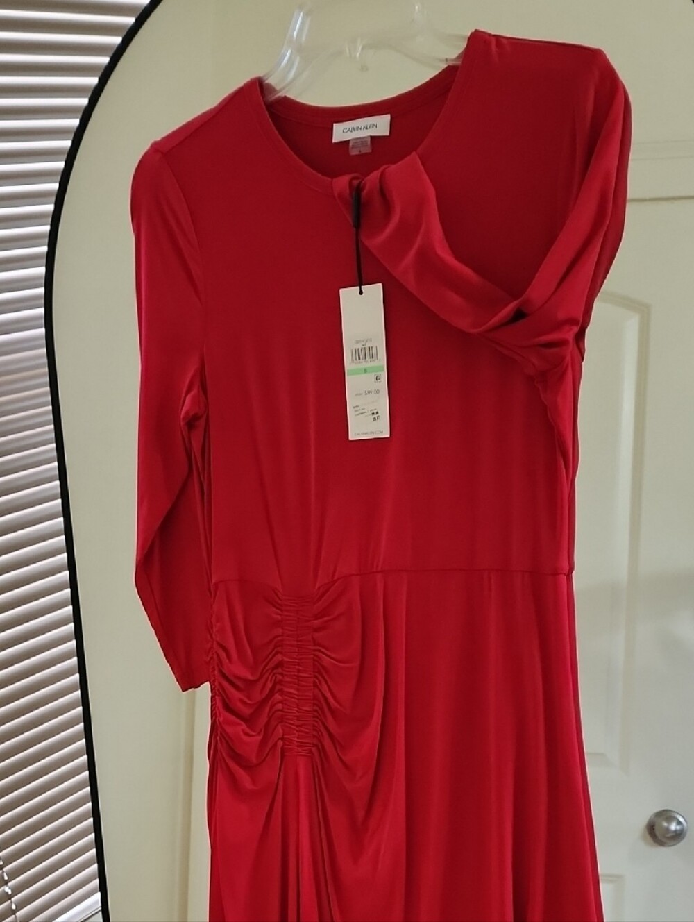 Calvin Klein Red 3/4 Sleeve Midi Dress with Side Ruching